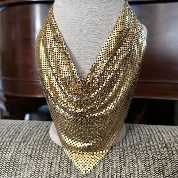 Vintage Whiting & Davis Chainmail Mesh Gold Tone Bib Necklace - Picture 1 of 3